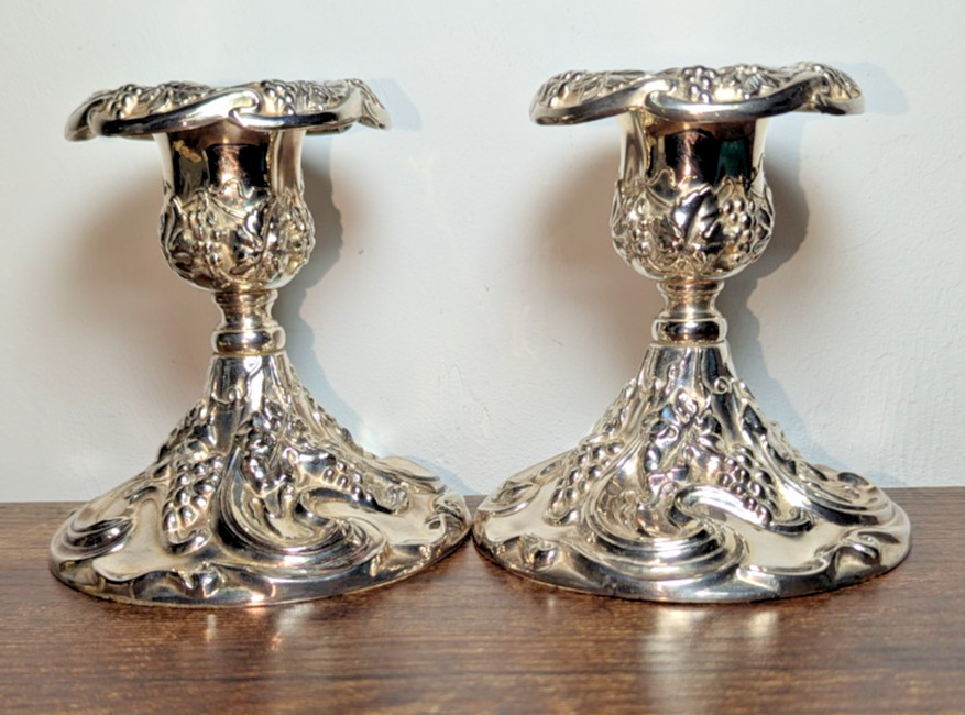 Matching Pair Godinger Silver Art Co Ltd Plated Candlestick Grapes & Vines Motif