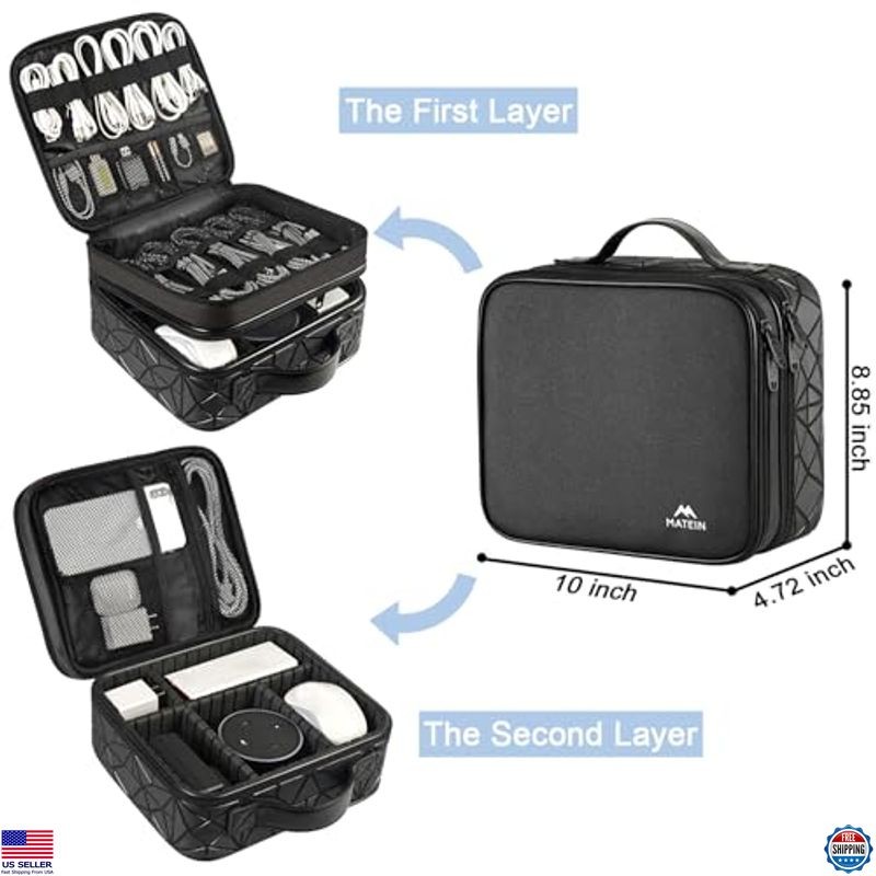 Waterproof Cable Organizer Bag, Double Layer Tech Storage with Adjustable