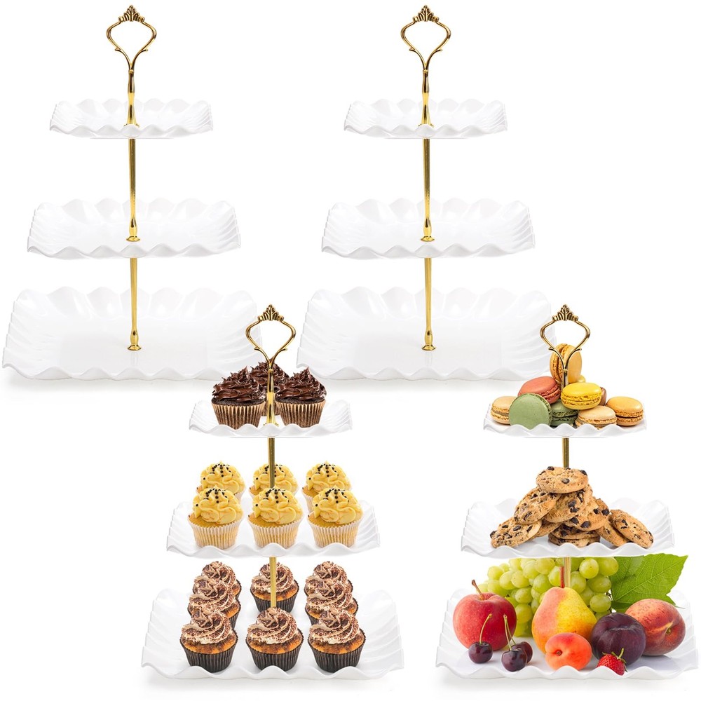 DEAYOU 4 Pack 3 Tier Plastic Cupcake Stand, White Square Dessert Tiered Serving