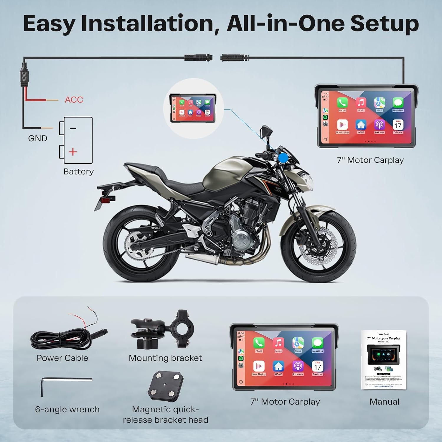 WIFI 7inch Carplay Screen for Motorcycle Wireless Moto CarPlay Android Auto GPS