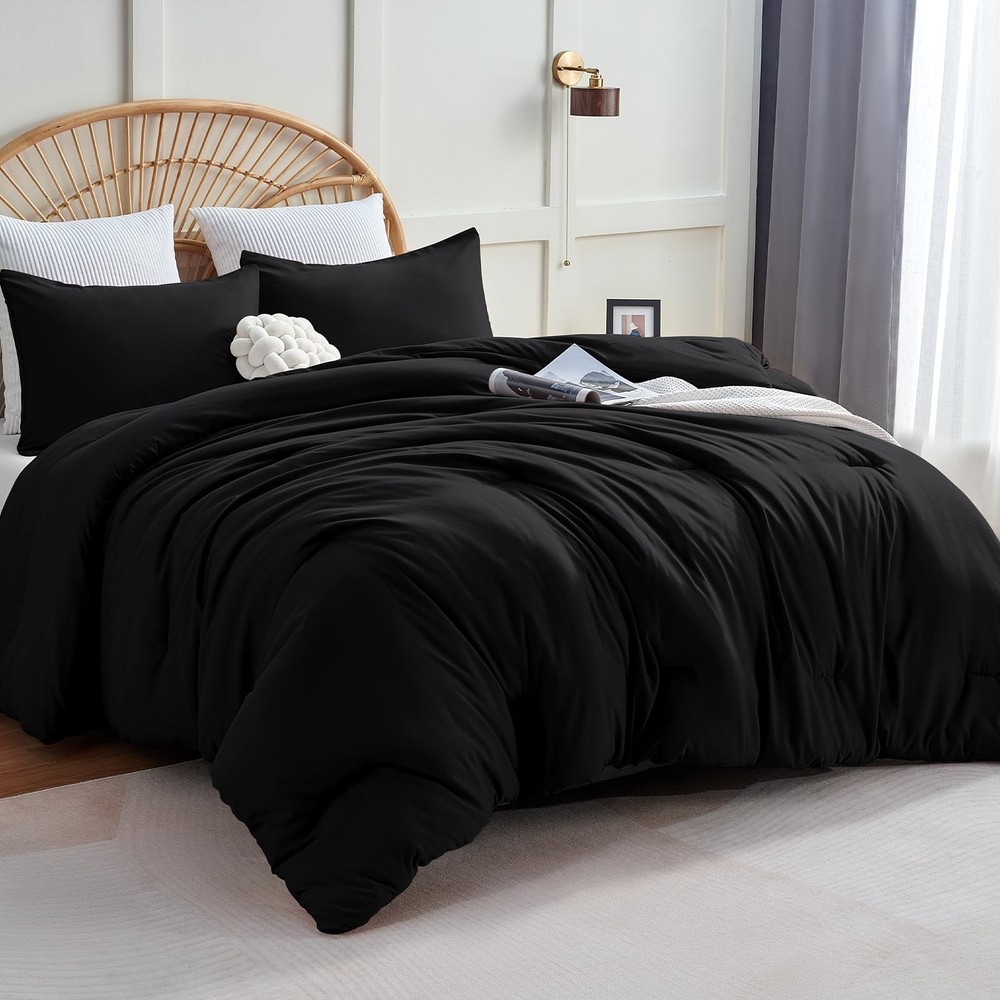 CozyLux Queen Comforter Set Black, 3 Pieces Solid Queen Comforter Breathable