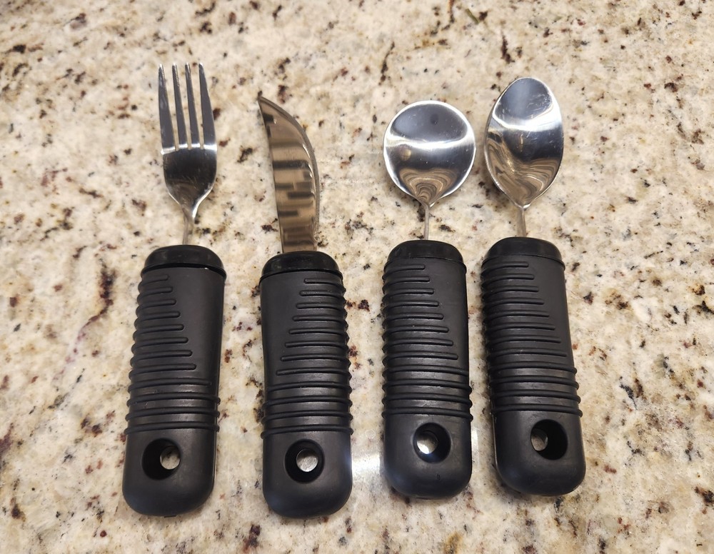 4 Piece Super Easy Grip Flatware Set - Bendable Built Up Fork, Knife, Spoon