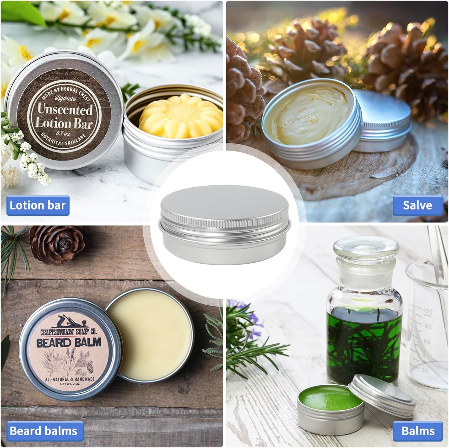 60 Pack 2Oz Metal Round Tins with Screw Lid for Lotion Bars and Balms