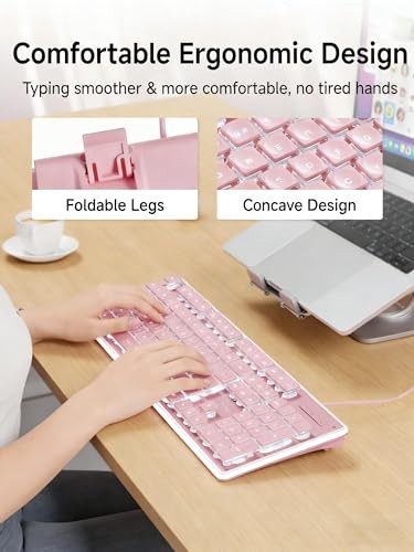 Wired Computer Keyboard with White Backlit, Aesthetic Full Size Wired Pink