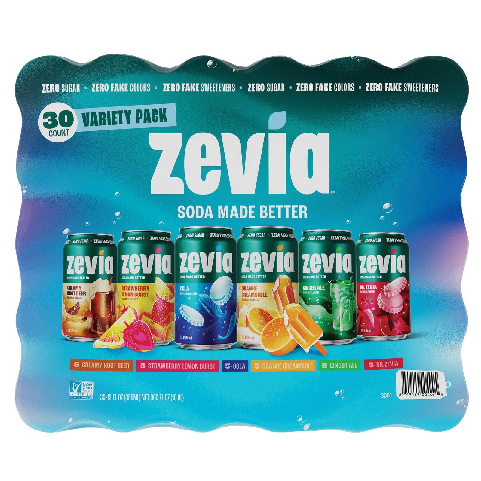 Zevia Zero Sugar Soda, Variety Pack, 12 fl oz, 30-Pack