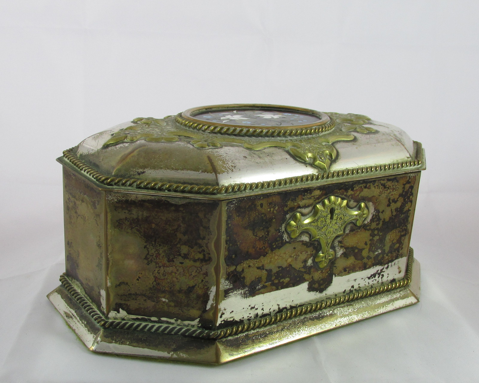 Victorian English Howell James Silver Plate Black&Green Tea Casket Pietra Dura