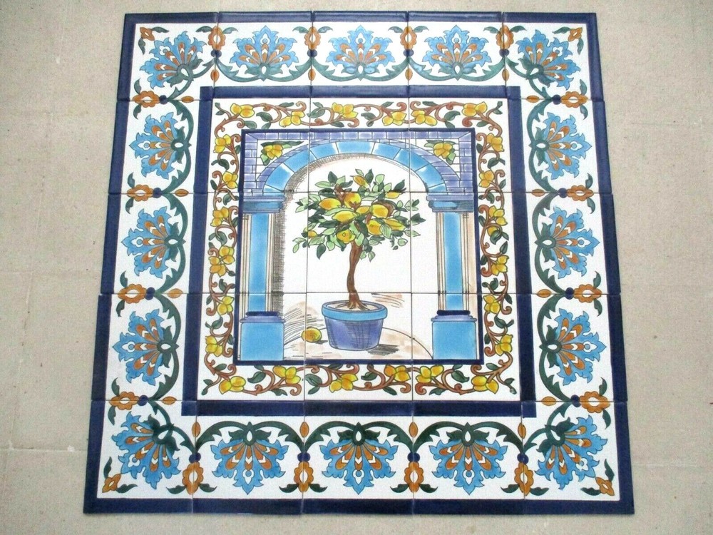 30" x 30" Hand painted Ceramic tile art panel Mosaic mural Backsplash Lemon Tree