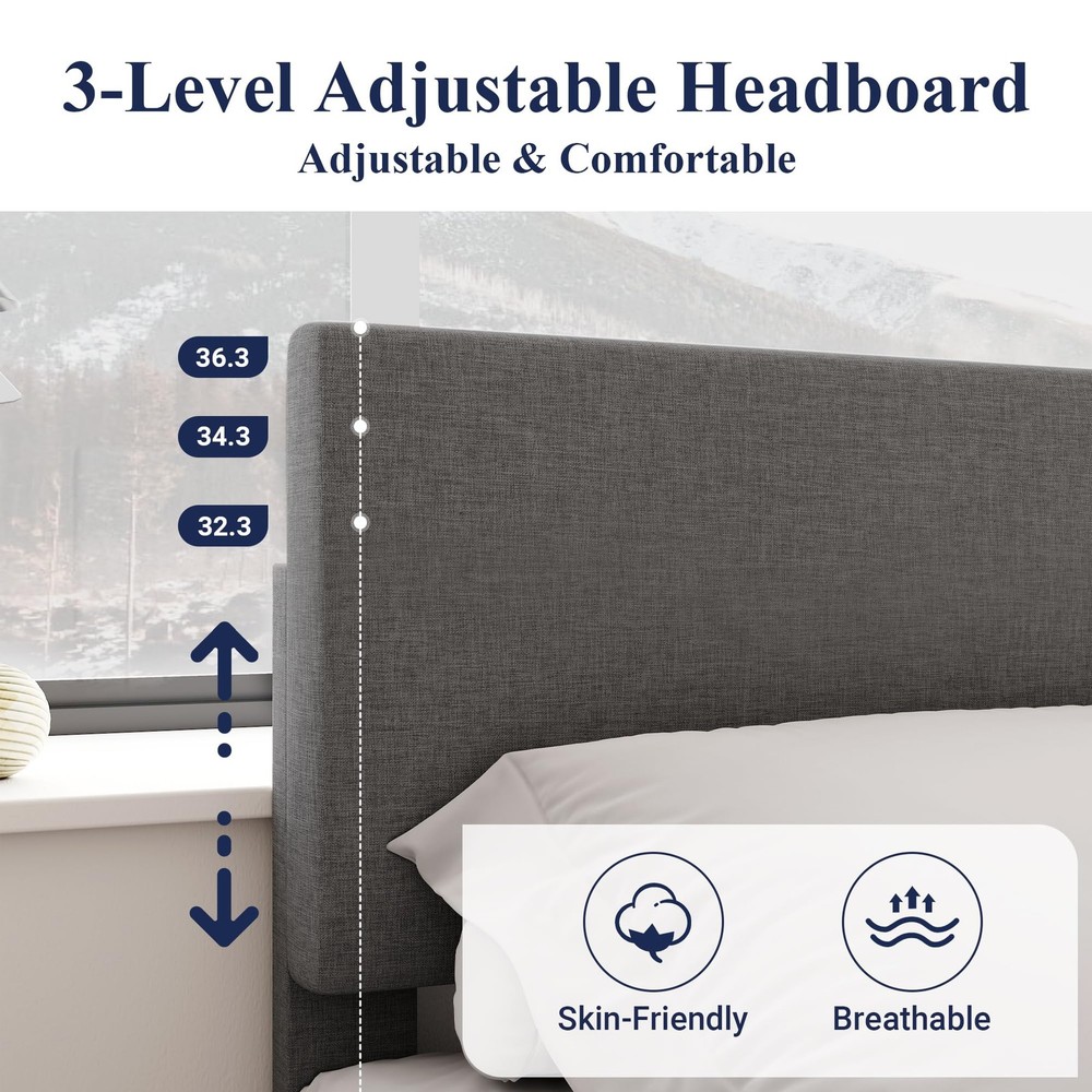 Queen Bed Frame Adjustable Headboard Upholstered Platform Dark Grey AK-2515DG