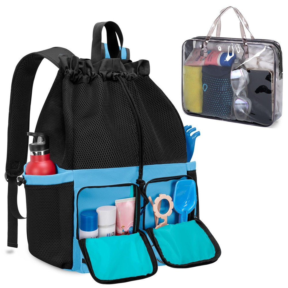 Mesh Beach Bag Backpack with Waterproof Bag and Pocket, Large Drawstring Swim...