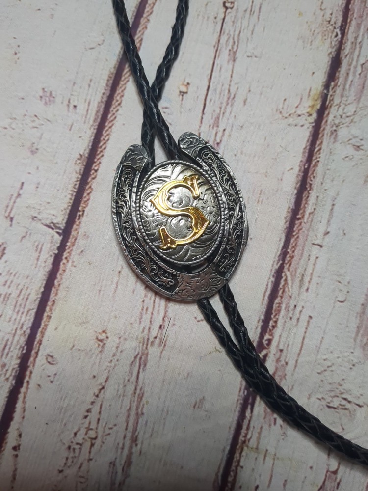 Silver Tone Horseshoe Bolo Tie Initial "S"