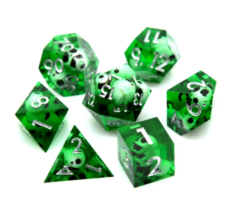 Green Death Sharp Edged 7 Dice Set Poly RPG DnD Dungeons Dragons AD&D d20