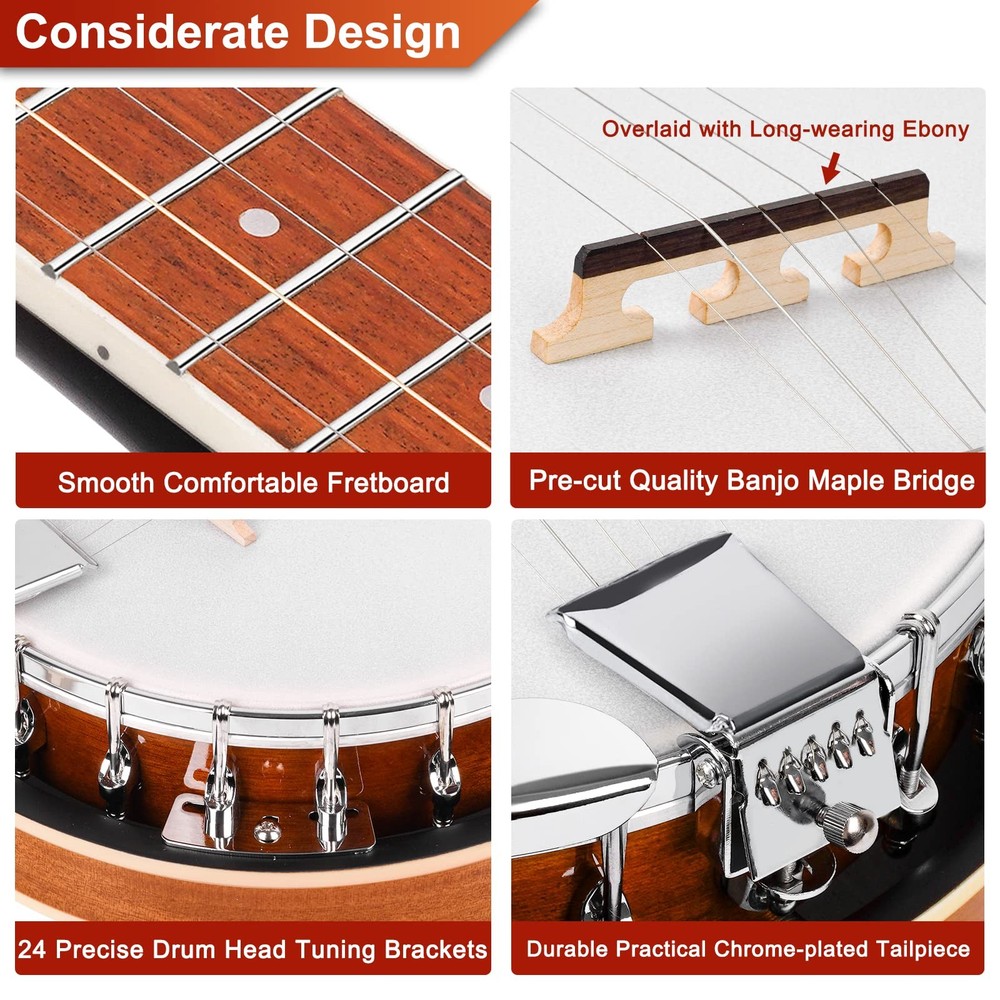 Vangoa Banjo 5 String Beginner Full Size Kit, Remo Head 24 Bracket Open Back ...