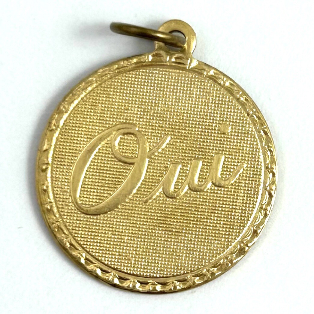 Vintage French Oui Charm Yes Necklace Pendant Brass Metal Jewelry