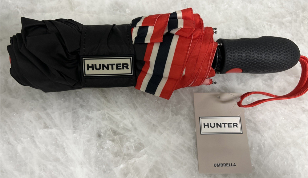 HUNTER UMBRELLA Black Red White Striped Trim Logo Hook Loop closure 3 available