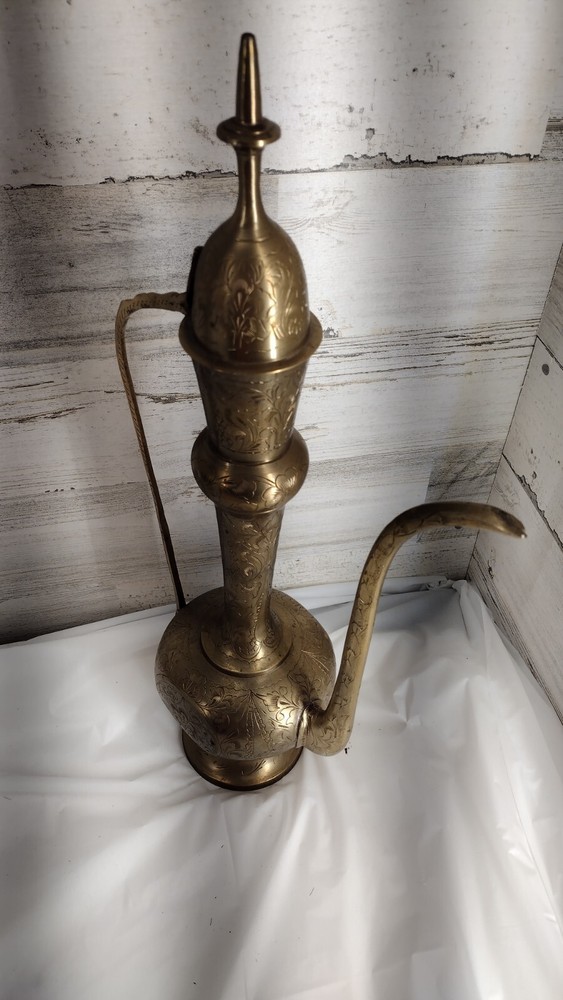 Large Etched Antique Middle Eastern Solid Brass Tea Coffee Pot Pitcher Vase 18IN