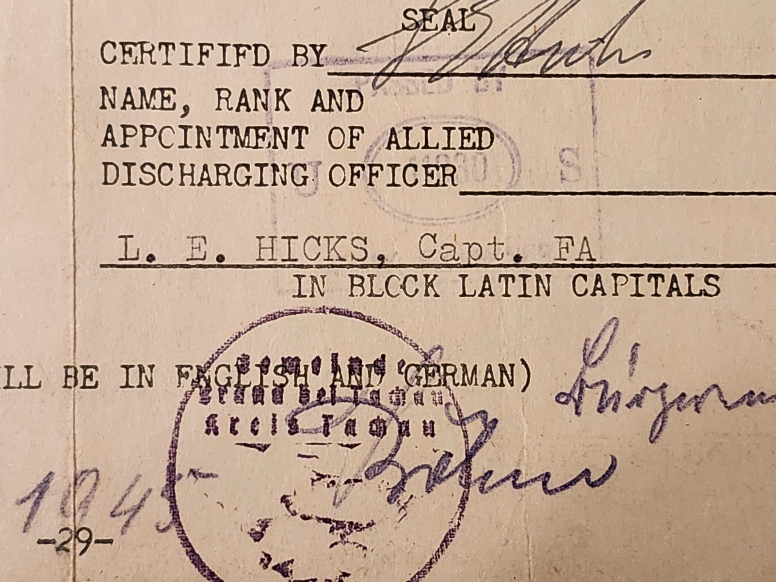 WW2 Germany Air Force POW Certificate of Discharge 1945 Used