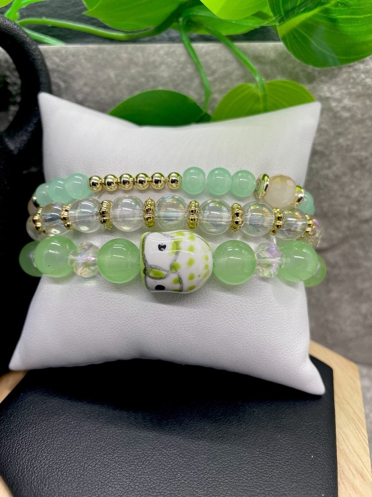 3 PC Handmade Boho  Beaded Stackable 6.5” Plus Stretch Bracelet Set New B1319