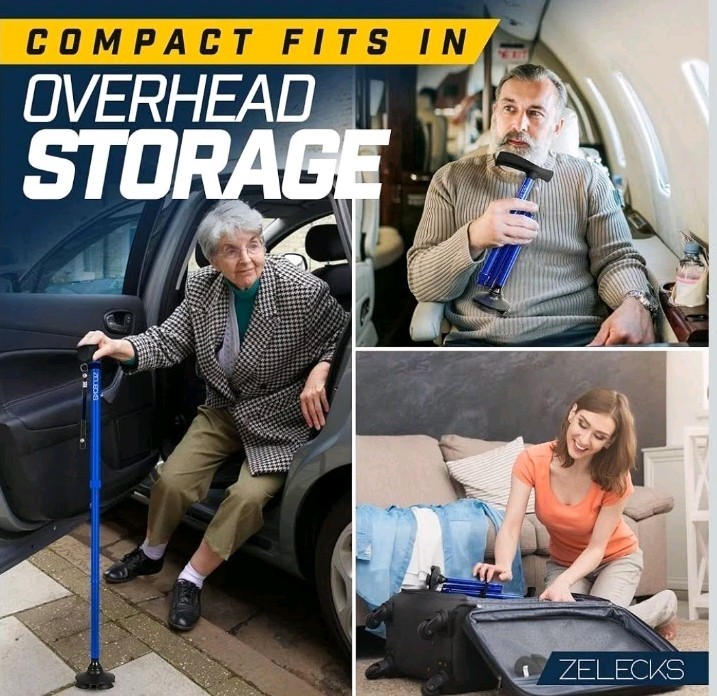 🩼 Zelecks Folding Cane 360° Pivot Base Adjustable Self-Standing Blue