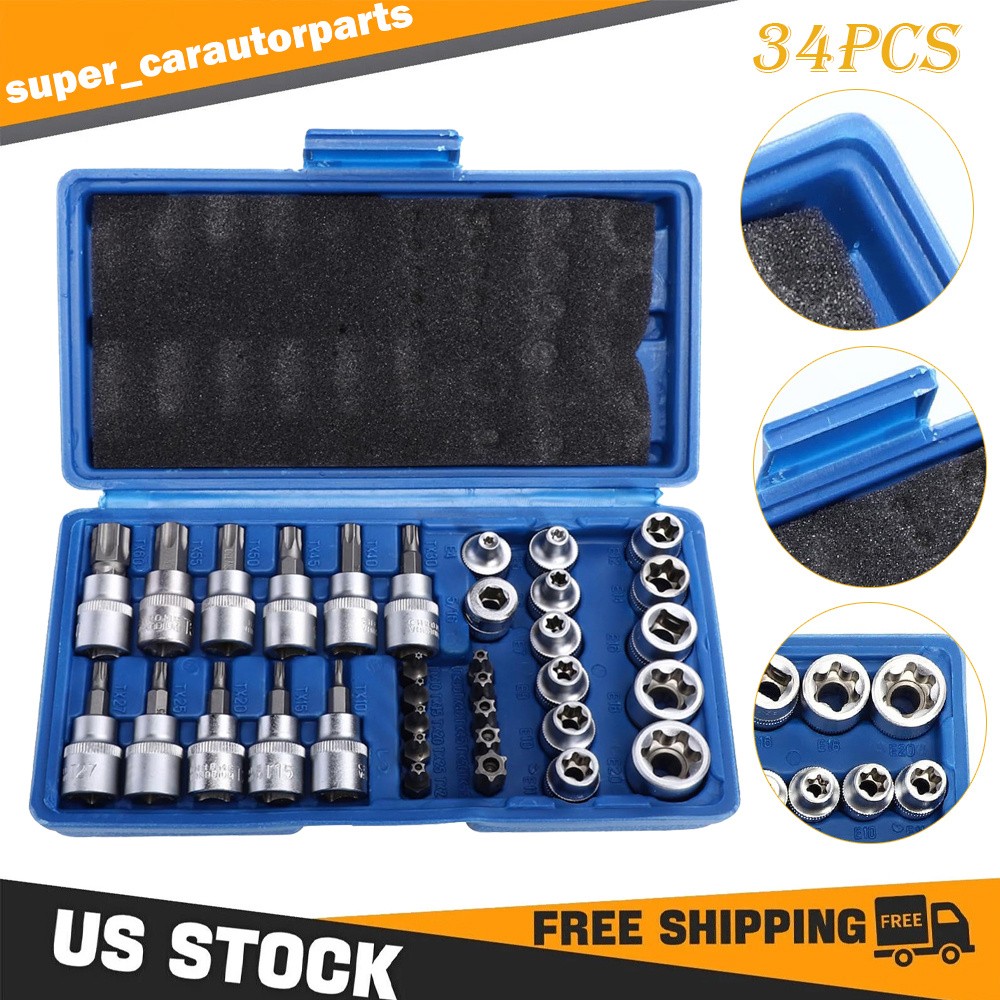 34pcs Torx Star Sockets & Bit Set Male Female E-torx Security Bits 3/8 Drive