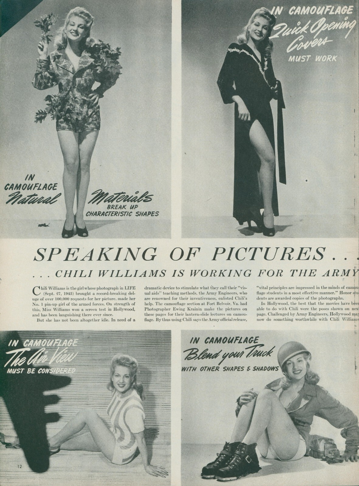 1944 WWII Chili Williams Camouflage Working For Army Pin Up Vtg Print Story L32