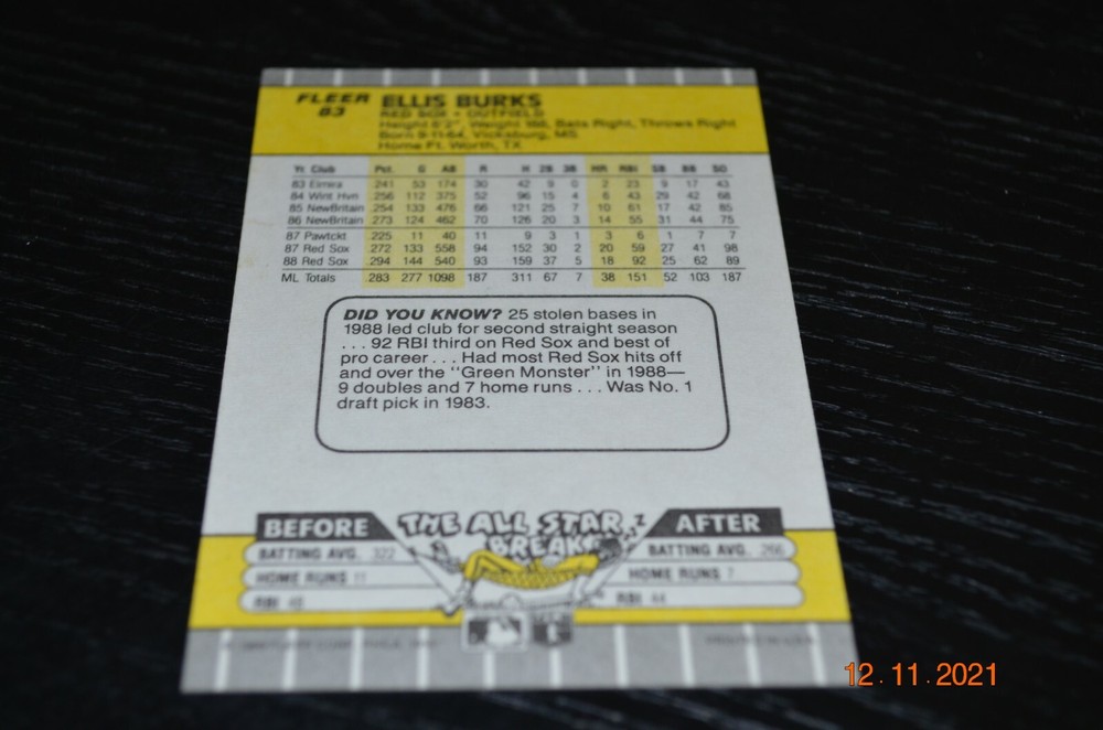 ELLIS BURKS SIGNED CARD - RED SOX