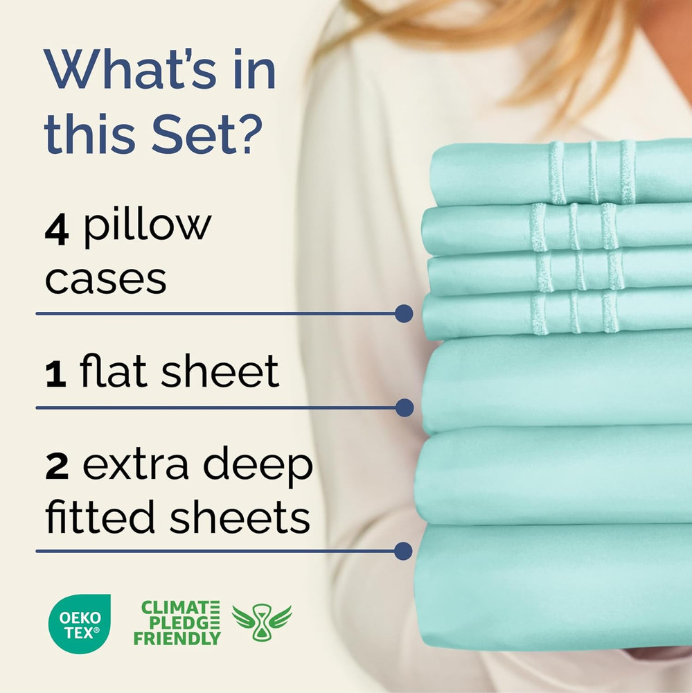 Extra Deep Split King Sheet Set - 7 Piece Breathable & Cooling Sheets - Hotel Lu