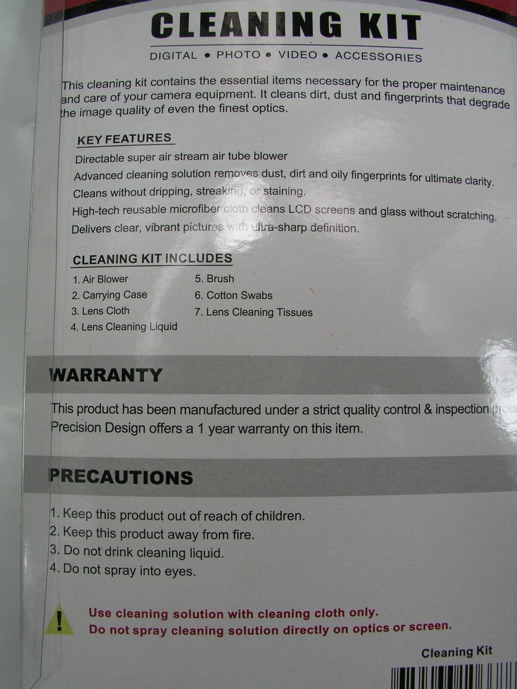Cleaning Kit, Precision Design, inc Dust Blower, Brush, Cloth, Solution, Swabs