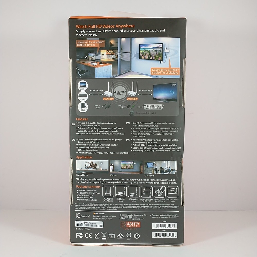 j5create JVAW52 Wireless Display HDMI Extender - White - New/Sealed