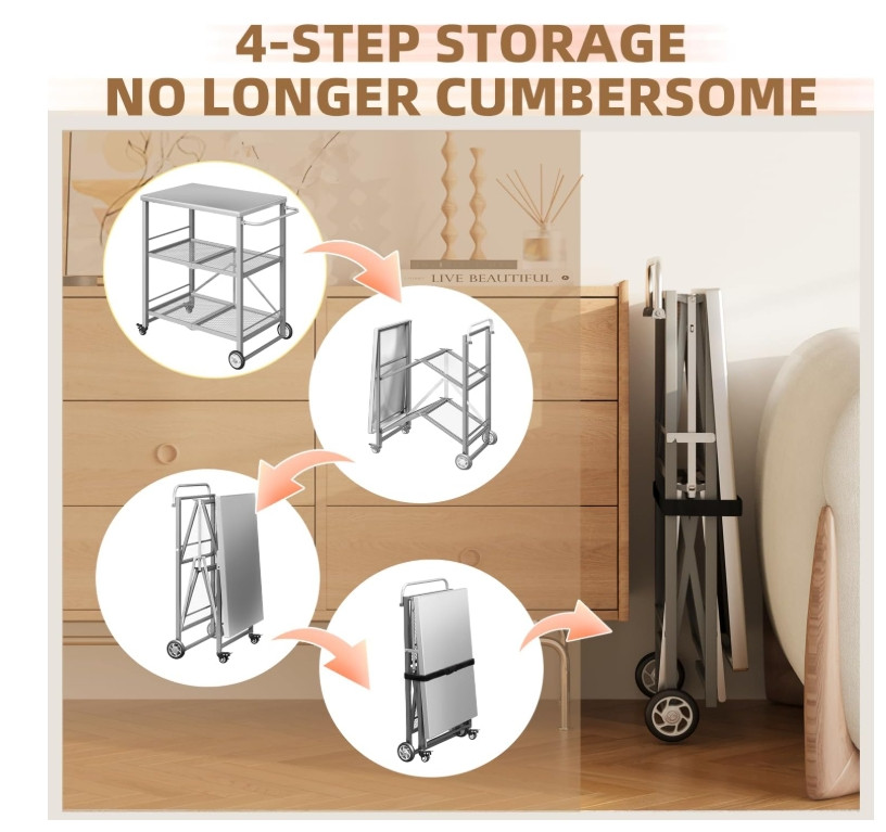 Outdoor Grill Cart Table Stainless Steel Pizza Oven Stand Trolley Table w/ Wheel