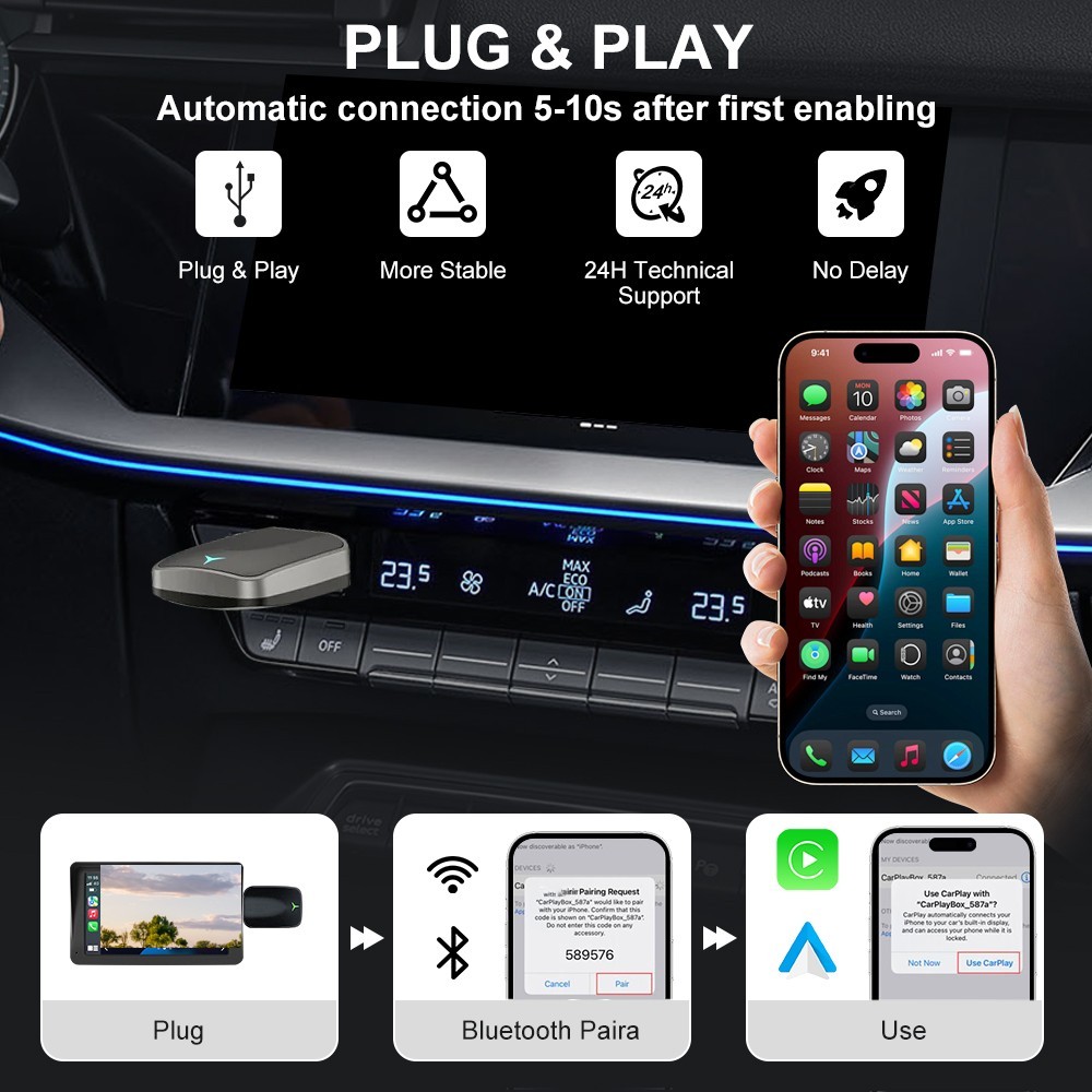 2 in 1 Car Auto Wireless Apple Carplay & Android Auto USB Adapter Plug & Play