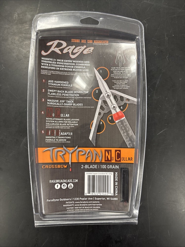 Rage Hypodermic 100 Grain Trypan No Collar Crossbow Broadhead 3-Pack