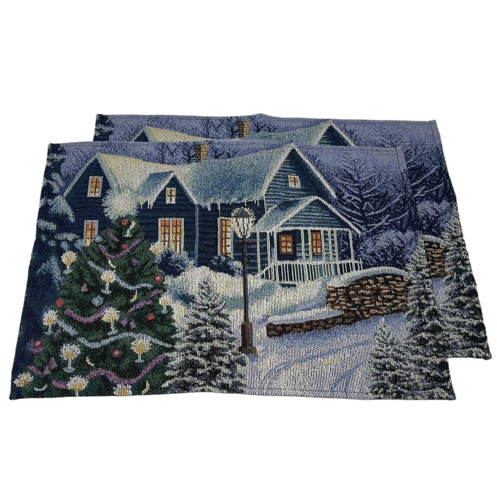 Christmas Tapestry Placemats Set Of 2 Multicolor Winter Scenery Rectangular