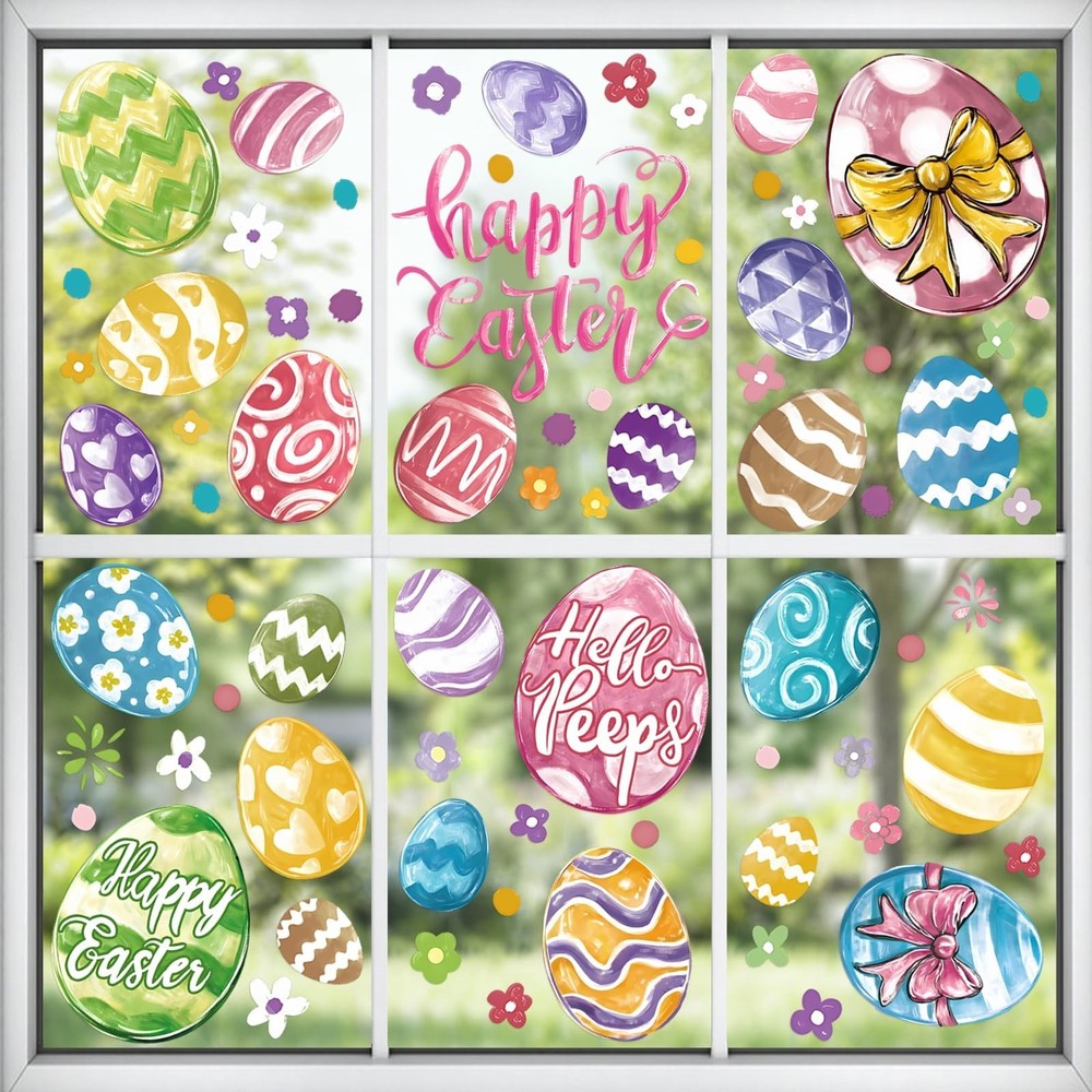 Easter Egg Window Clings, 96Pcs Happy Easter Multicolor Eggs Floral Window St...