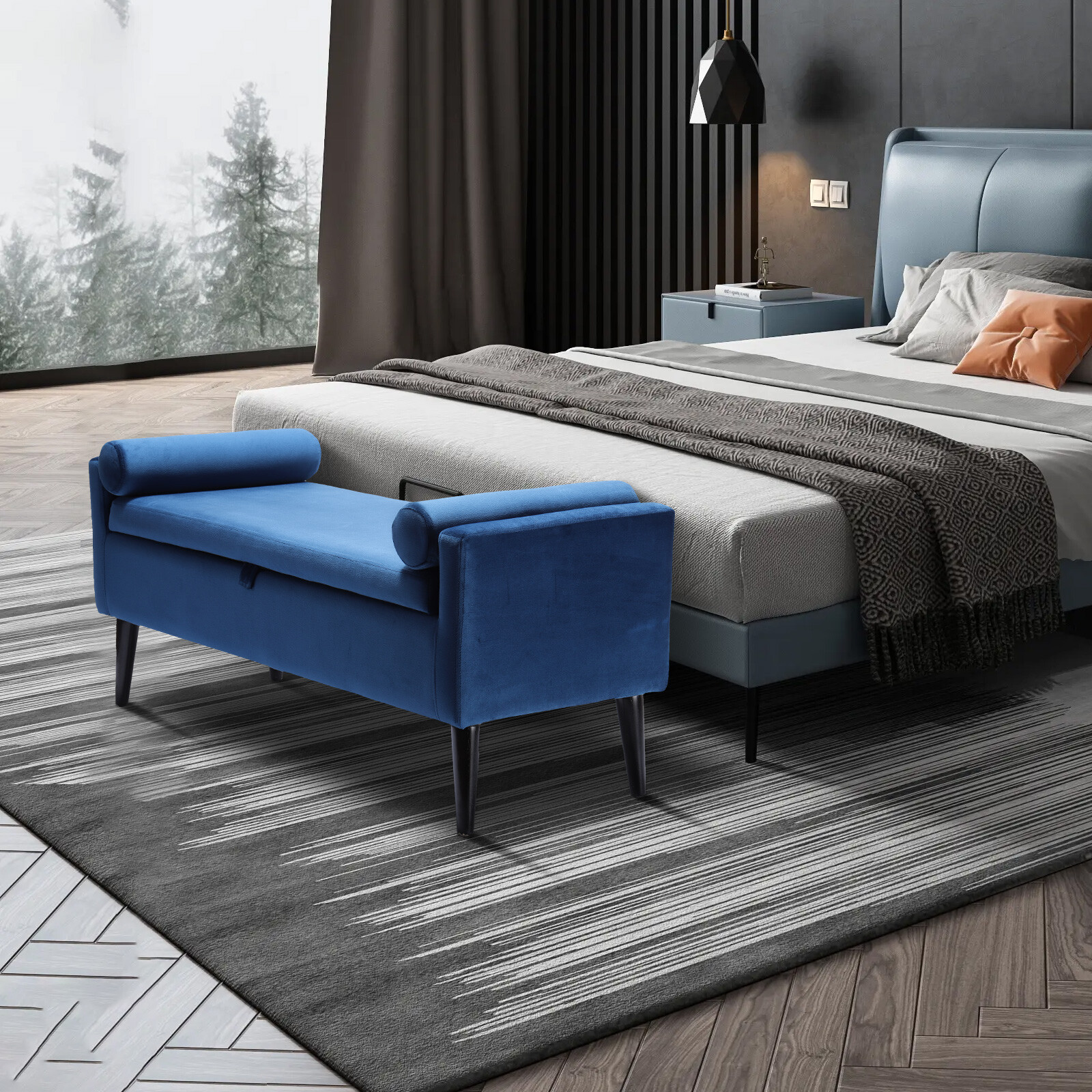 47" Upholstered Storage Ottoman Bedroom Velvet Bench End of Bed + 2PCS Pillows