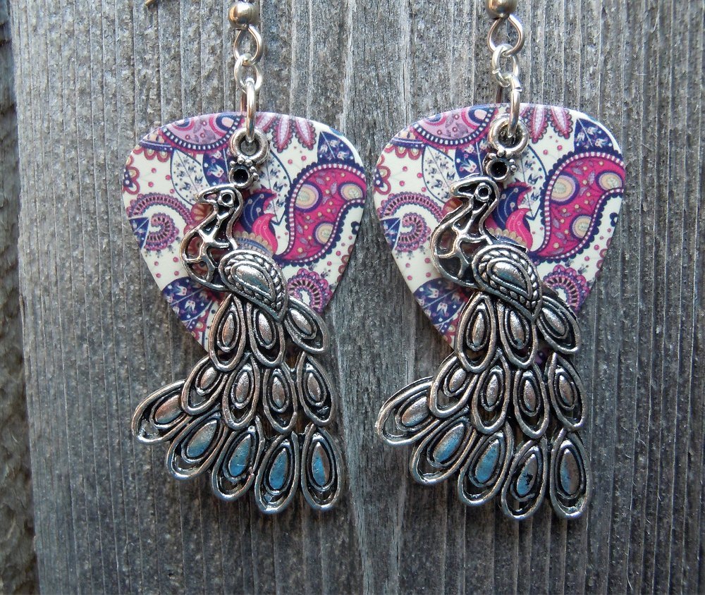 Peacock Charm Guitar Pick Earrings