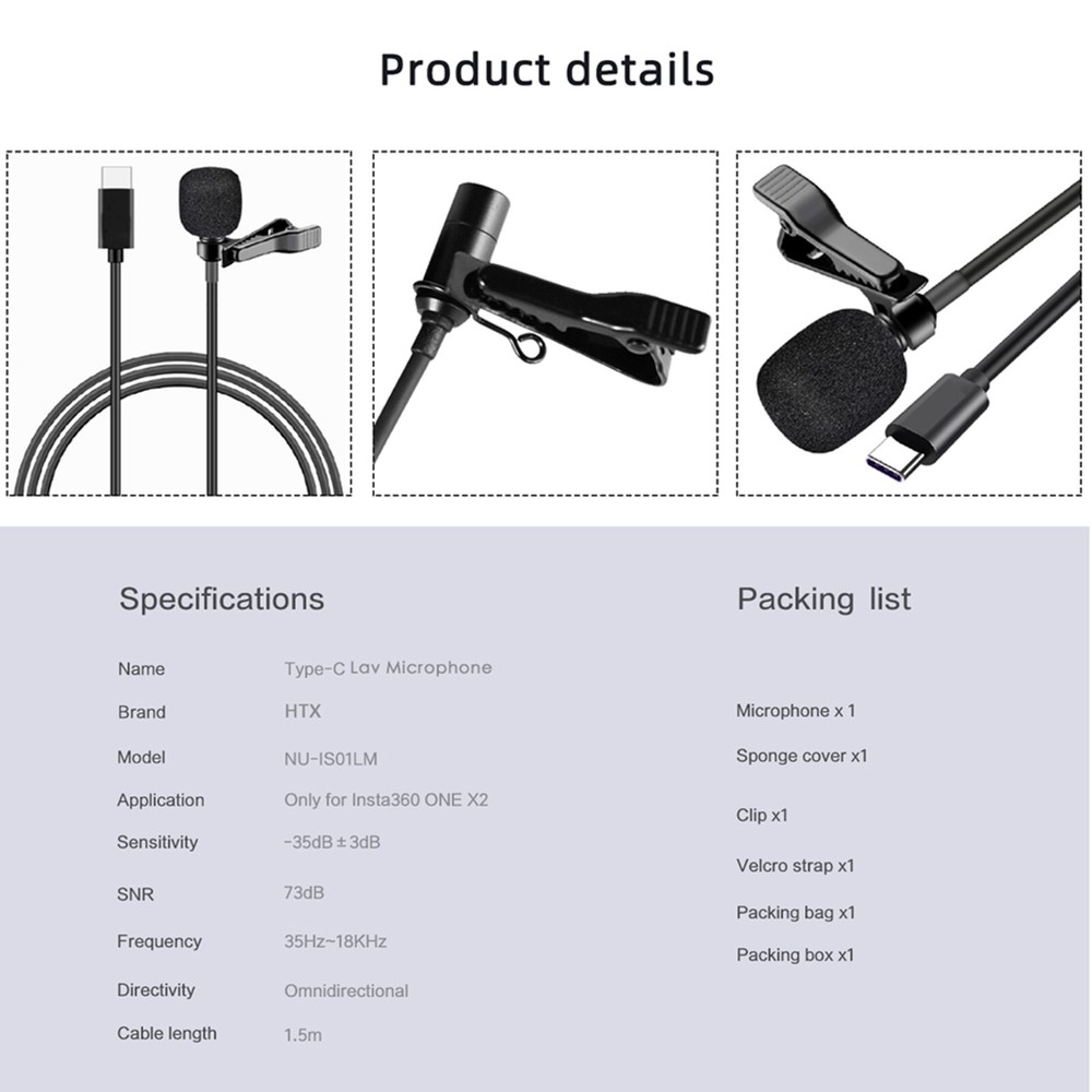 Type-C Lavalier External Wired Omnidirectional Microphone for Insta360 ONE X2 X3