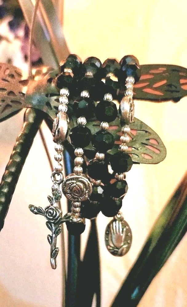 Artisan Hand Crafted Black & Silver Crystal Bead Wraparound Rosary Bracelet