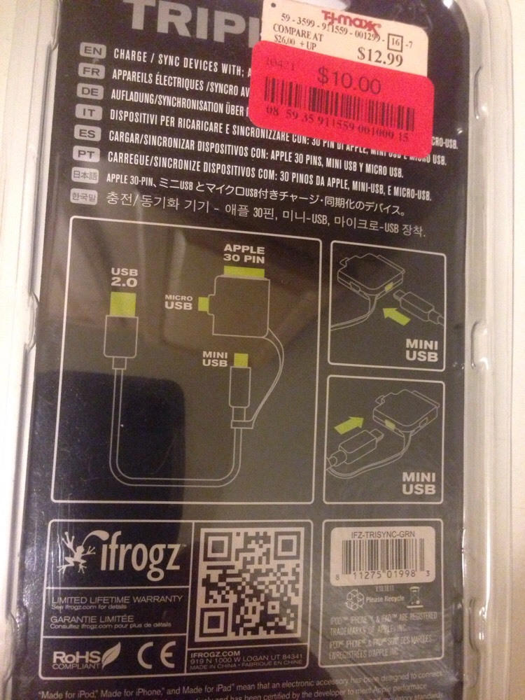iFrogz TriplePlay - Multiple Device Charger & Sync. iPhone, iPod, iPad, Android