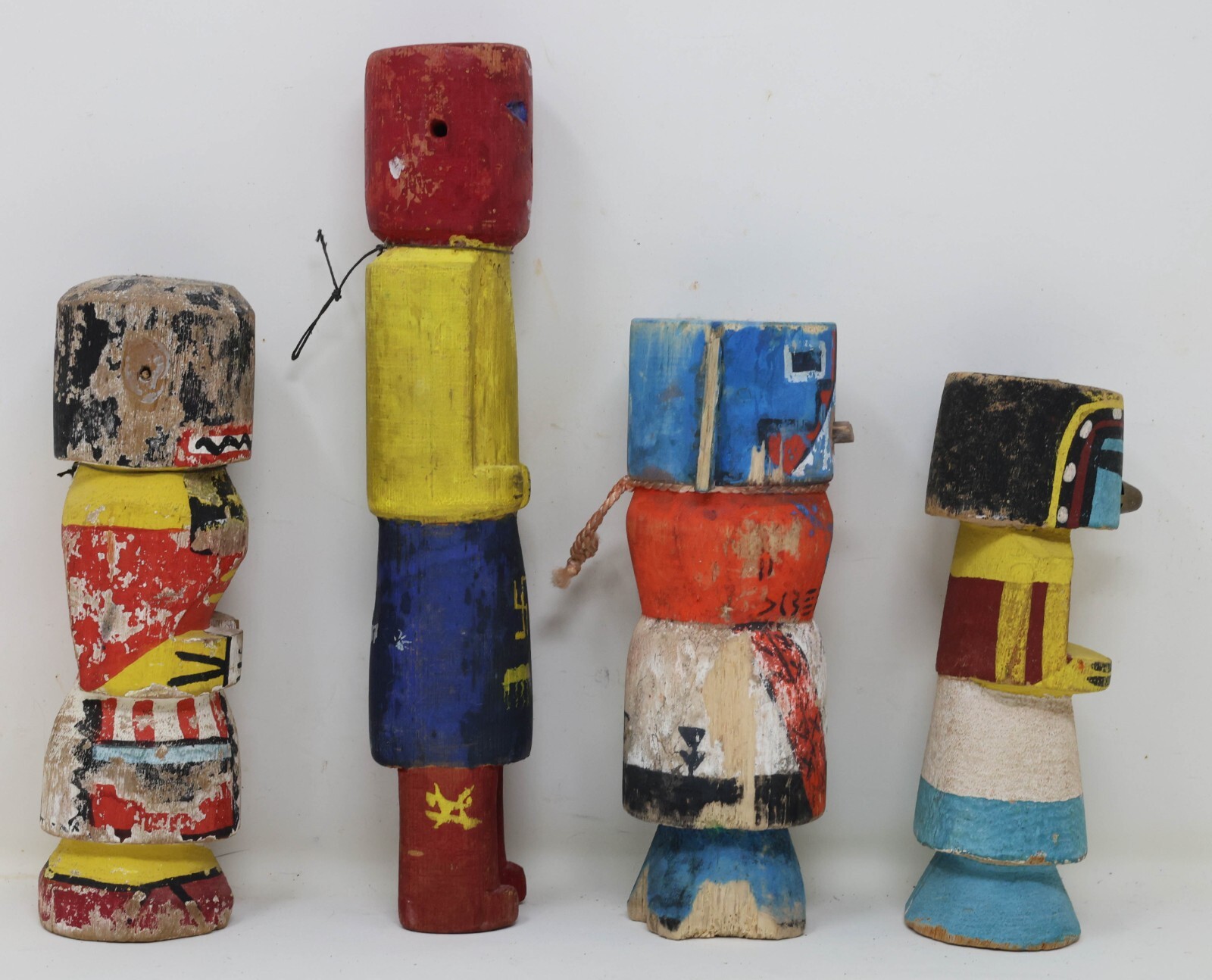Four Antique Hopi Kachina Dolls Pueblo Indian Painted Wood Carved Sculptures VTG