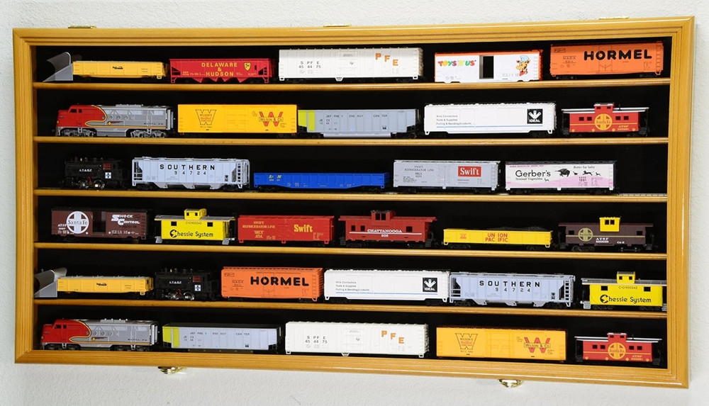 HO Scale Train Display Case Cabinet Wall Rack W/Uv Protection- Lockable -Oak