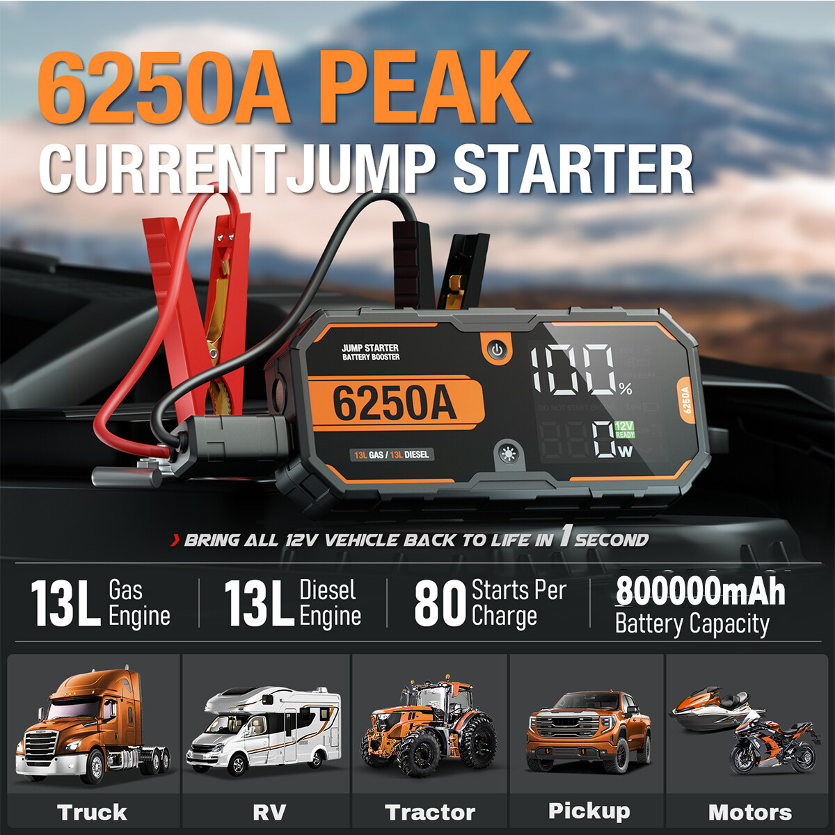 Portable Jump Starter 6250A Battery Booster Pack Charger Power Heavy Duty Truck