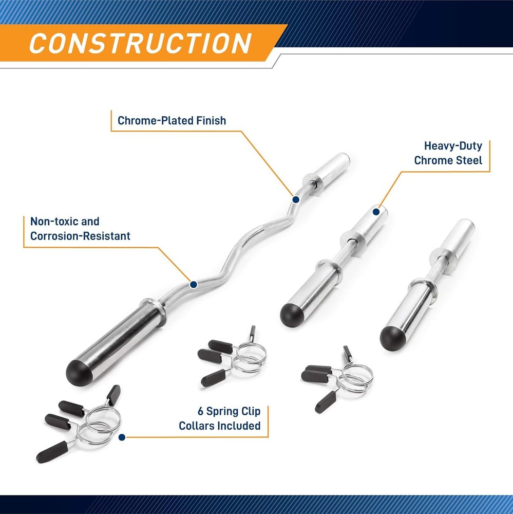 Olympic Curl Bar and Dumbbell Bars Set Ez Curl with Spring Collars Chrome