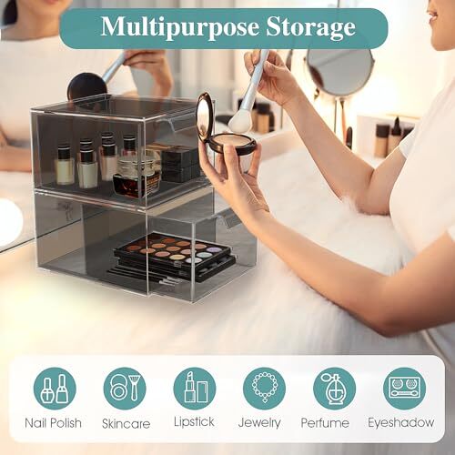 Stackable Makeup Organizer and Storage, Acrylic Organizers，Clear 2 Pack Black