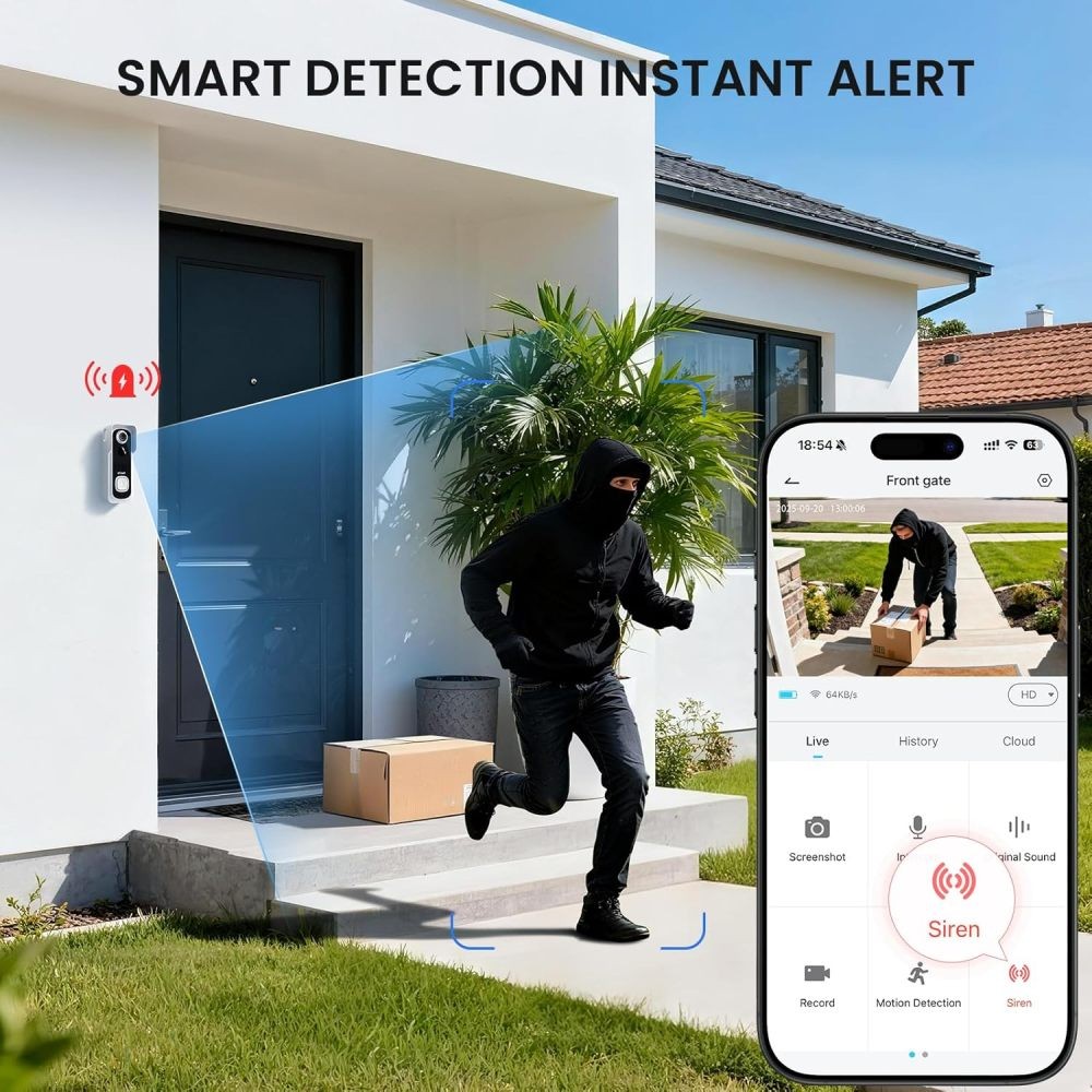 Wireless Doorbell Camera No Subscription 2K 3MP, Chime, PIR Motion Detection