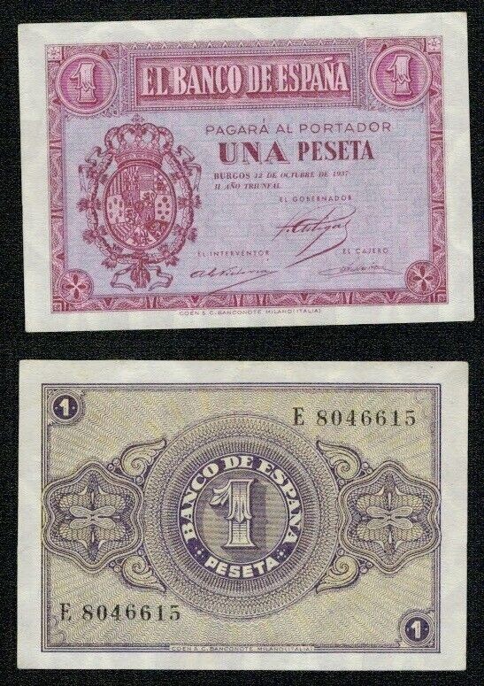 1937 E Series 1 Peseta Note 8046615. NICE UNCIRCULATED.