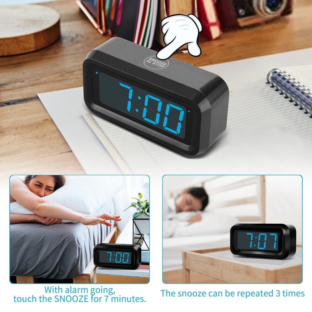 Alarm Clock, Digital Clock, Constantly 1.2'' LED Blue Digits Display, Battery