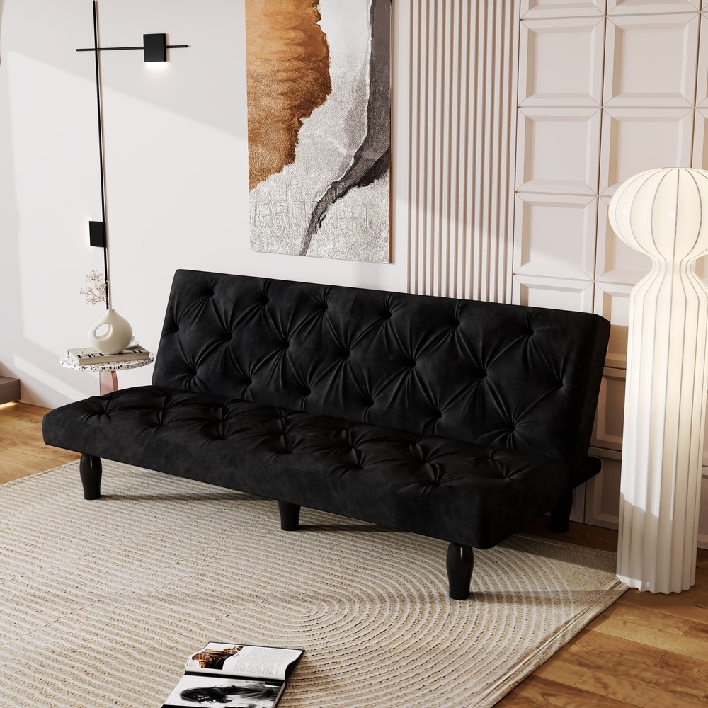 Sofa-to-Bed Evolution: 66" Black Velvet Sofa Bed Transforms Seamlessly, Ideal