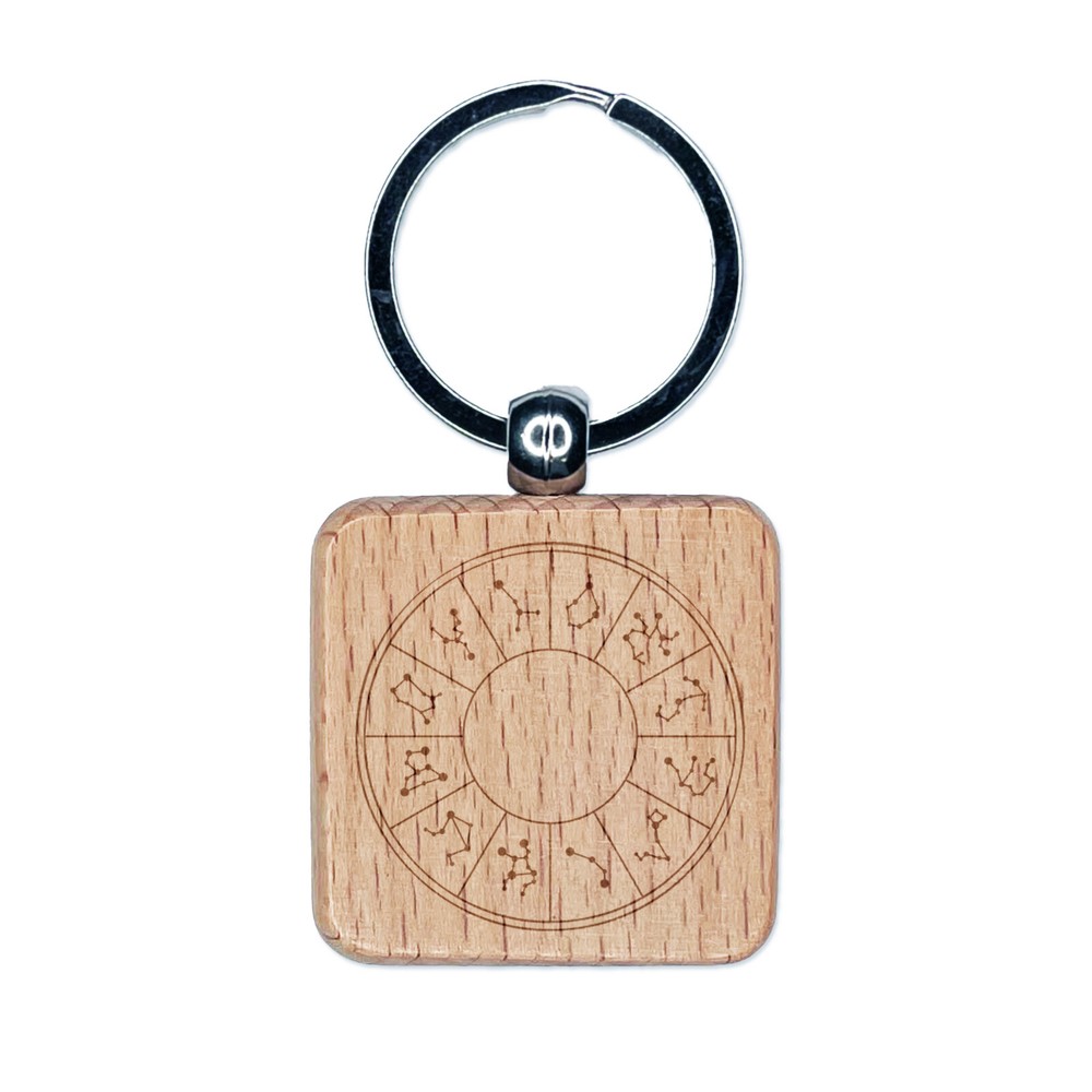 Horoscope Celestial Star Circle Chart Engraved Wood Square Keychain Tag Charm