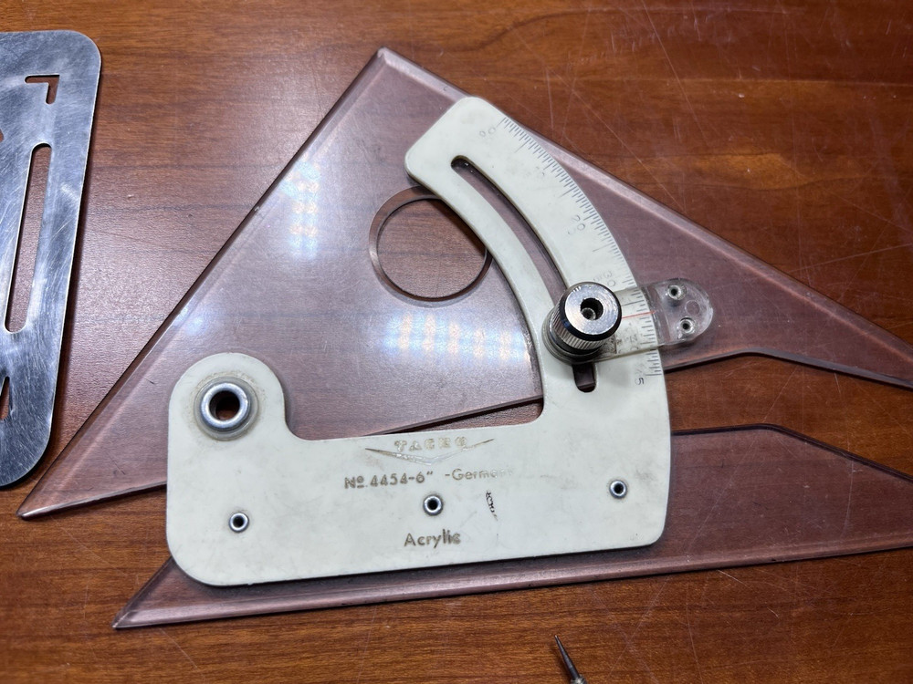 Vintage Drafting Tools Lot K+E Leroy + Tacril Protractor Set Square + Compasses