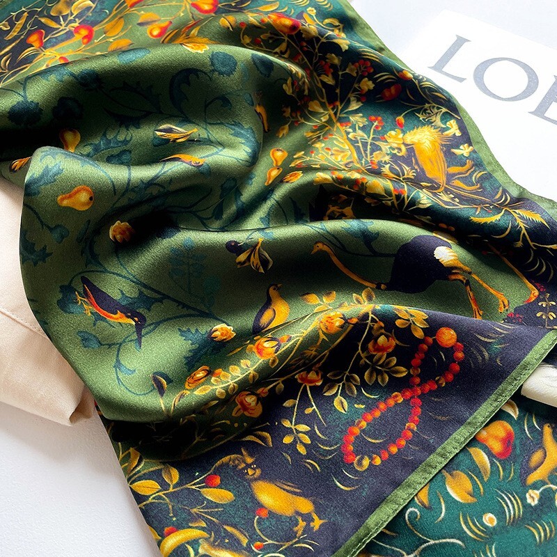 100% Mulberry Silk 20" Square Scarf Women neckerchief Wrap Birds Print Green